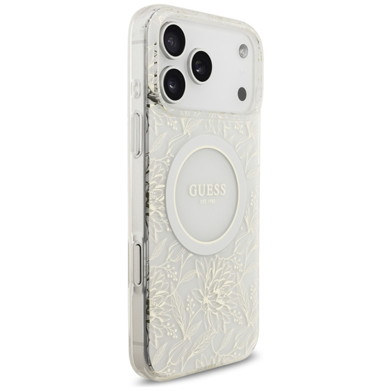 Guess IML virágokkal díszített, gyöngyökkel díszített pántos tok, MagSafe-hez, pánttal, iPhone 17 Pro Max-hoz