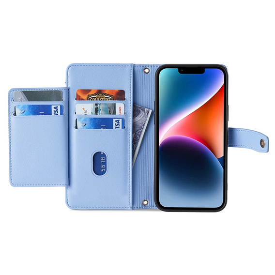 Pattintható tok a iPhone 15 Pro, Wallet Zipper Pocket, kék