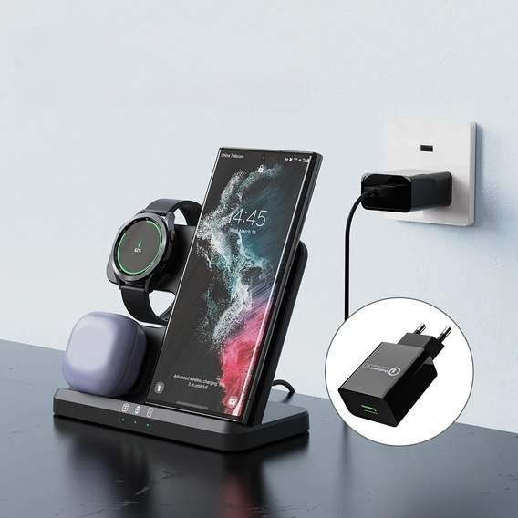 3 az 1-ben vezeték nélküli indukciós gyorstöltő QI Samsung S25 S24 S23 Galaxy Watch Buds állomás, fekete