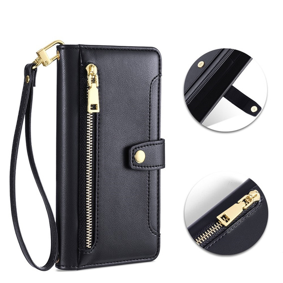 Pattintható tok a iPhone 14 Pro, Wallet Zipper Pocket, fekete