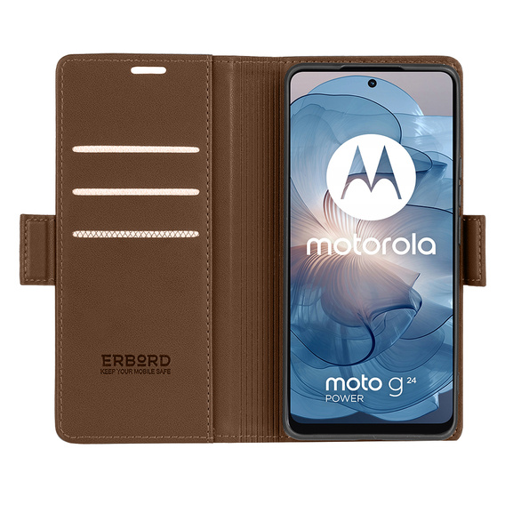 Tok Motorola Moto G24 Power, ERBORD Glossy Litchi, pénztárca patenttal, barna