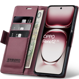 Tok Oppo Reno 12, ERBORD Glossy Litchi, pénztárca patenttal, piros