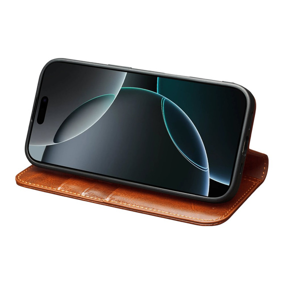 QIALINO valódi marhabőr flip tok iPhone 17 Pro Max készülékhez, barna