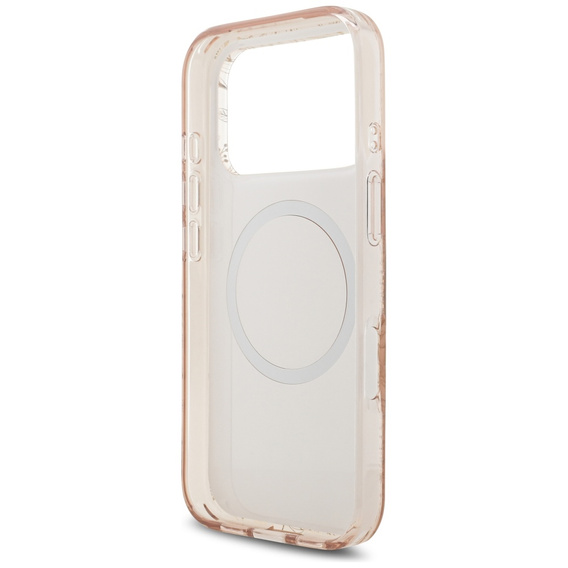 Guess IML virágokkal díszített, gyöngyökkel díszített pántos tok, MagSafe-hez, pánttal iPhone 17 Pro-hoz