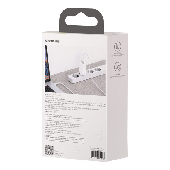 Baseus GaN2 Lite 65 W USB-C + USB-A hálózati töltő, fehér (EU)