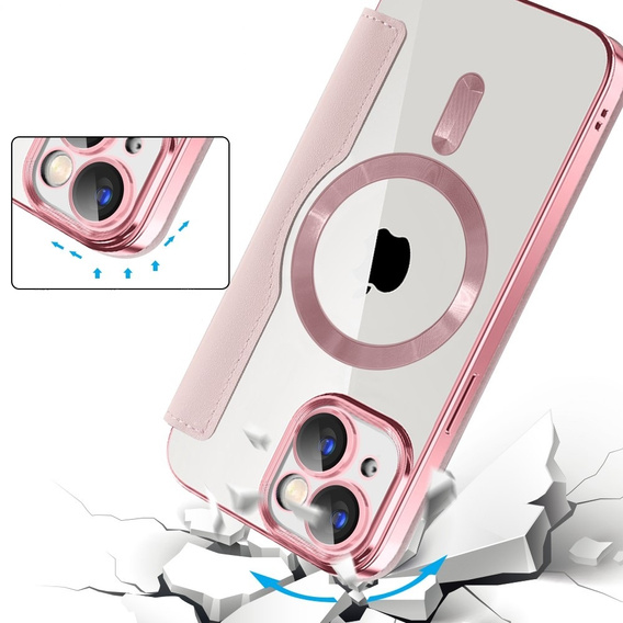 Pattintható tok a iPhone 15, RFID Wallet MagSafe CamShield, rózsaszín