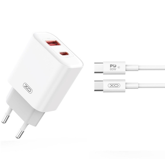 XO CE12 hálózati töltő, USB-C, 20W + USB-C - Lightning kábel, Fehér