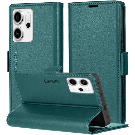Tok Oppo Reno 14, ERBORD Glossy Litchi, pénztárca patenttal, zöld