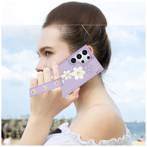 Tok Samsung Galaxy S24 Ultra, Leather Flower Card Slot, lila