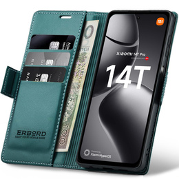 Tok Xiaomi 14T Pro, ERBORD Glossy Litchi, pénztárca patenttal, zöld