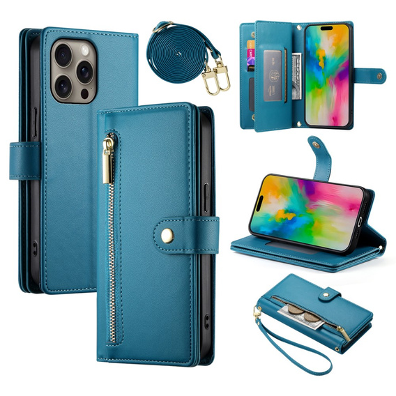 Pattintható tok a iPhone 16 Pro Max, Wallet Zipper Pocket, kék