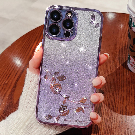 Tok iPhone 16 Pro, Glitter Flower, lila