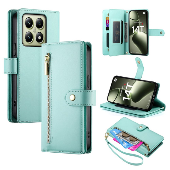 Pattintható tok a Xiaomi 14T, Wallet Zipper Pocket, zöld
