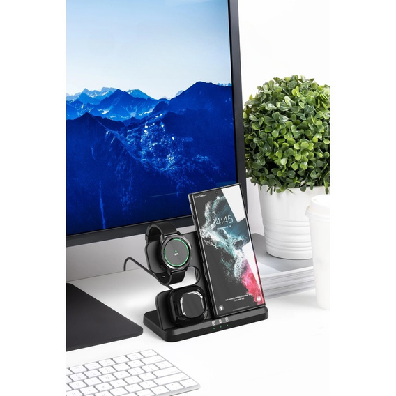 3 az 1-ben vezeték nélküli indukciós gyorstöltő QI Samsung S25 S24 S23 Galaxy Watch Buds állomás, fekete