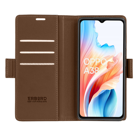 Tok Oppo A18 4G / A38 4G, ERBORD Glossy Litchi, pénztárca patenttal, barna