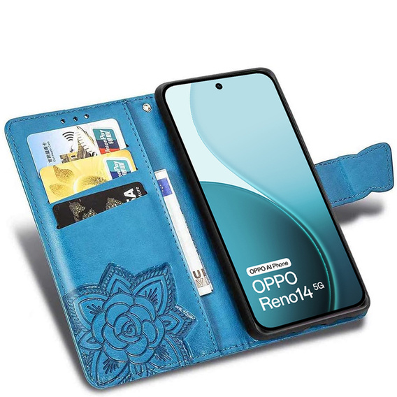 Flip tok Oppo Reno 14, pillangó, pénztárca, kék
