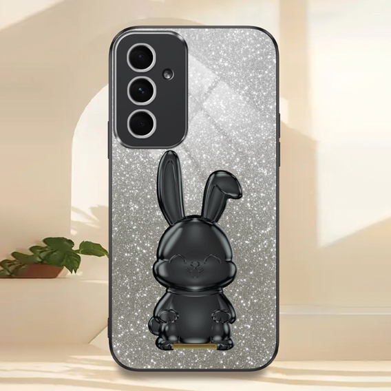 Tok Samsung Galaxy A54 5G, Glitter Rabbit, kihúzható állvánnyal, fekete