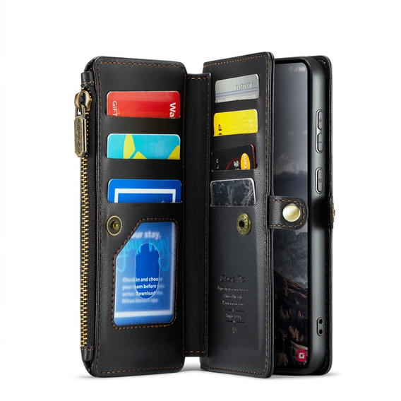 Tok CASEME Samsung Galaxy S24 FE, RFID Leather Wallet, vállpánttal, fekete