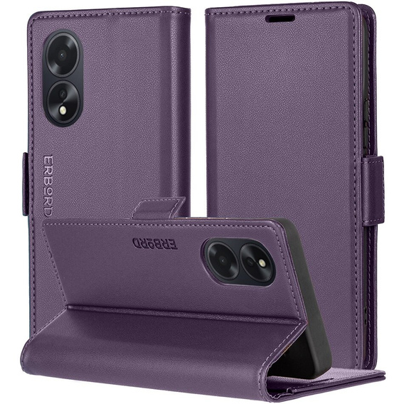 Tok Oppo A60, ERBORD Glossy Litchi, pénztárca patenttal, lila