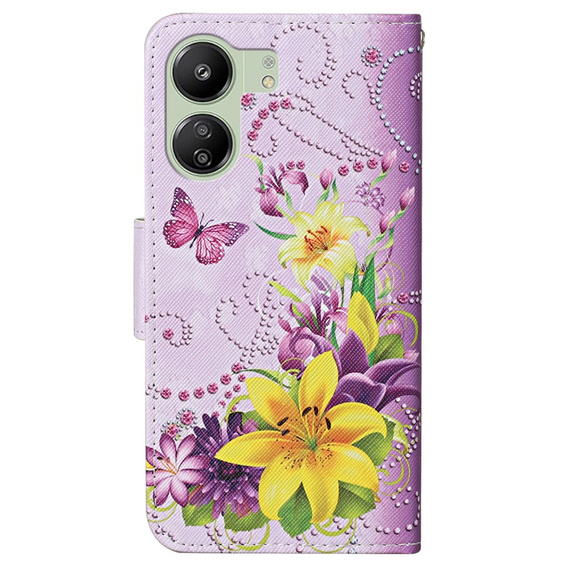 Pattintható tok a Xiaomi Redmi 13C / Poco C65, Wallet, Flowers and Butterflies, lila