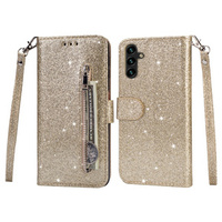 Pattintható tok a Samsung Galaxy A35 5G, Wallet Zipper Pocket Glittery, arany