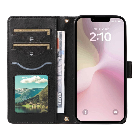 Flap tok iPhone 16E, Rhombus Crossbody Leather, fekete