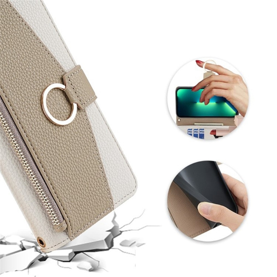 Flip tok Samsung Galaxy A54, Wallet Zipper Pocket, tükörrel, fehér