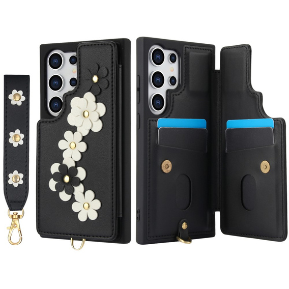 Tok Samsung Galaxy S25 Ultra, Leather Flower Card Slot, fekete