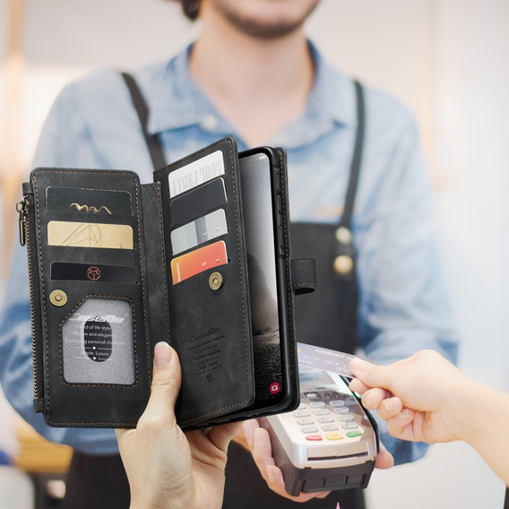 CASEME tok Samsung Galaxy A56 5G, Leather Wallet Cash and Card Slots, pánttal, fekete