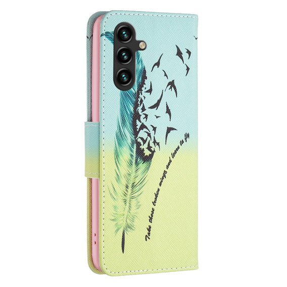 Pattintható tok a Samsung Galaxy A35 5G, Wallet, Feather kék / sárga