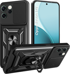 Páncélozott tok Oppo Reno 14F-hez, kameravédelemmel, állvánnyal, fekete