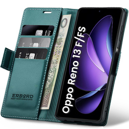 Tok Oppo Reno 13F / Oppo Reno 13FS, ERBORD Glossy Litchi, pénztárca patenttal, zöld