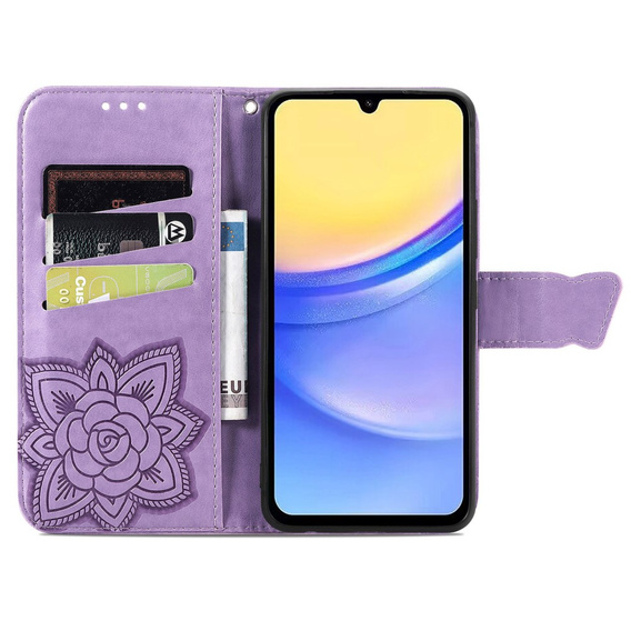 Pattintható tok a Samsung Galaxy A15, Butterfly, lila + 9H üveg