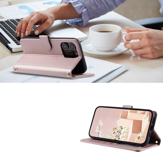 Flap tok iPhone 16 Pro Max, Rhombus Crossbody Leather, rózsaszín rose gold