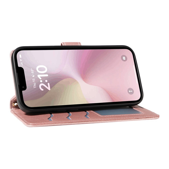 Flap tok iPhone 16E, Rhombus Crossbody Leather, rózsaszín rose gold