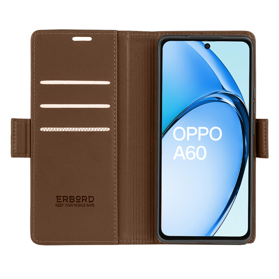 Tok Oppo A60, ERBORD Glossy Litchi, pénztárca patenttal, barna