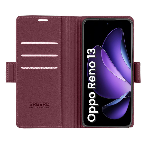 Tok Oppo Reno 13, ERBORD Glossy Litchi, pénztárca patenttal, piros