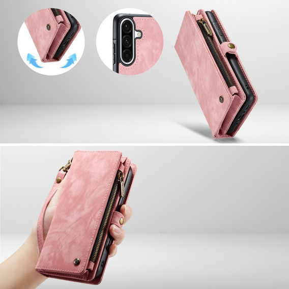 CASEME tok Samsung Galaxy A56 5G, Retro Leather Wallet, szíjjal, rózsaszín
