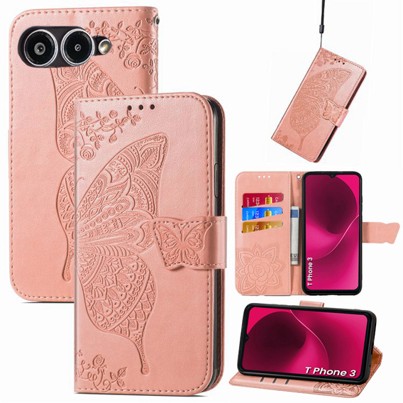 Pattintható tok a T Phone 3 5G, Butterfly, rózsaszín rose gold