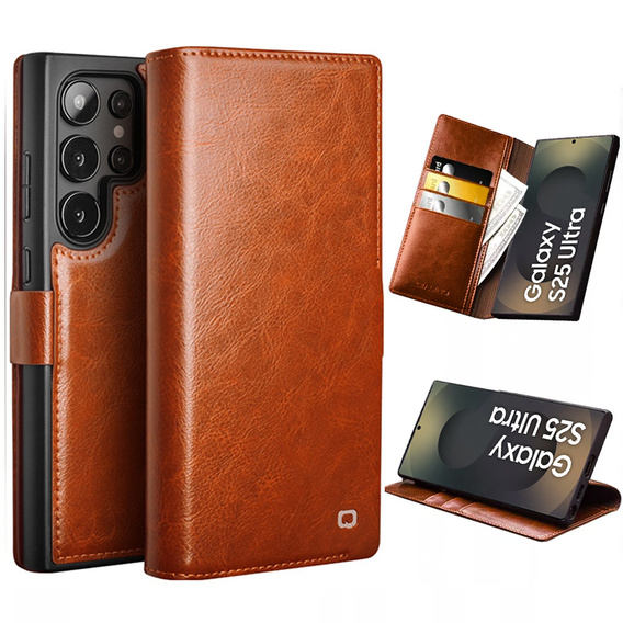 Flip tok Samsung Galaxy S25 Ultra, QIALINO Leather Wallet, barna