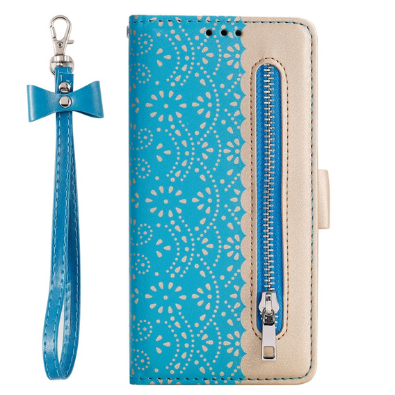 Flap tok Samsung Galaxy S22+ Plus 5G, Wallet Pocket Zipper Lace, kék
