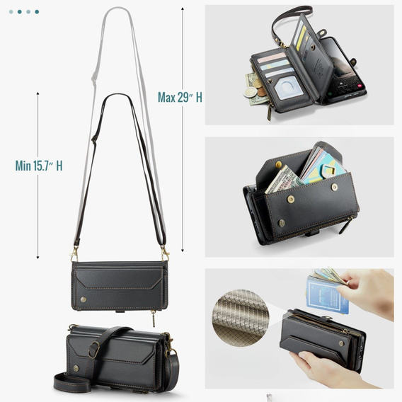 Tok CASEME Samsung Galaxy A56 5G, RFID Leather Wallet, vállpánttal, fekete