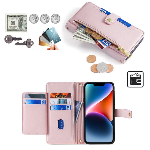 Pattintható tok a iPhone 14, Wallet Zipper Pocket, rózsaszín