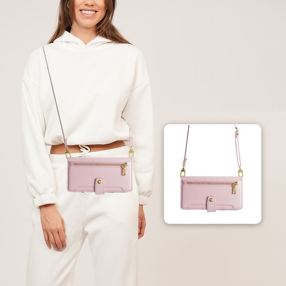 Pattintható tok a iPhone 14, Wallet Zipper Pocket, rózsaszín