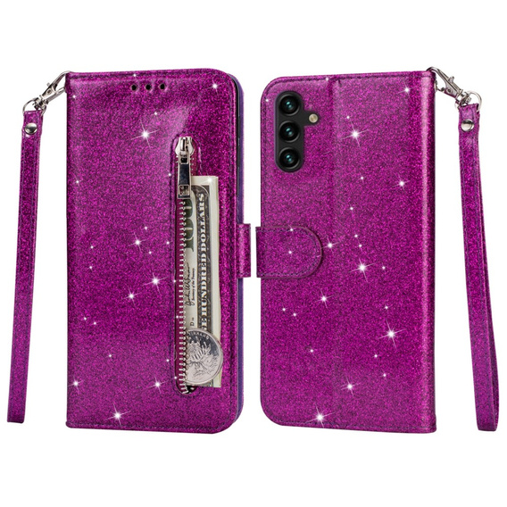 Pattintható tok a Samsung Galaxy A35 5G, Wallet Zipper Pocket Glittery, lila