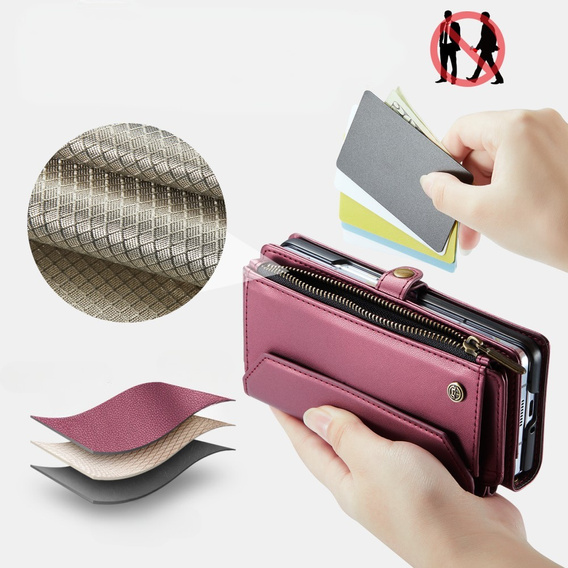 Tok CASEME Samsung Galaxy Z Fold6 5G, RFID Leather Wallet, vállpánttal, piros