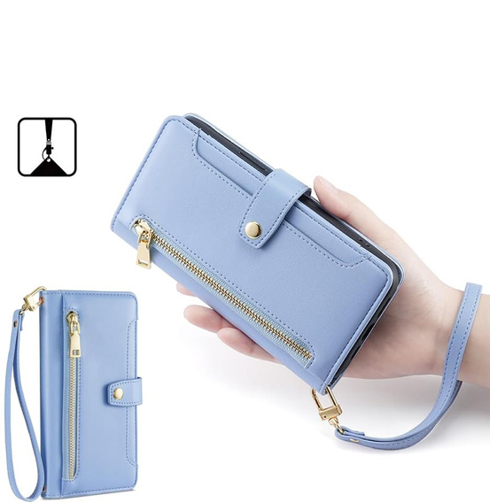 Pattintható tok a iPhone 16E, Wallet Zipper Pocket, kék