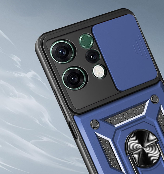 Páncélozott tok Oppo Reno 14 készülékhez, kameravédelemmel, állvánnyal, kék színű