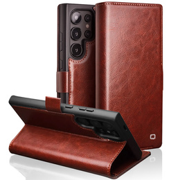 Flip tok Samsung Galaxy S25 Ultra, QIALINO Leather Wallet, sötétbarna
