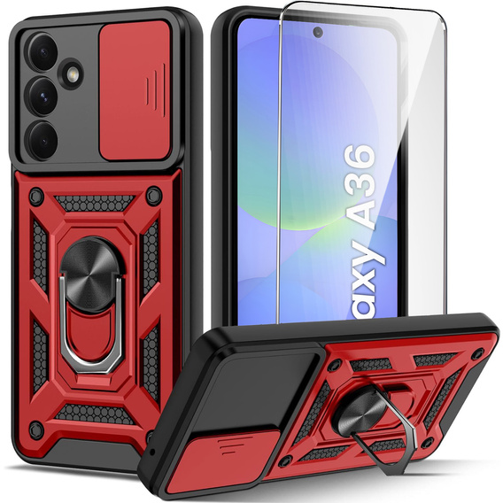 Páncélozott tok Samsung Galaxy A36, CamShield Slide, piros + edzett üveg 9H